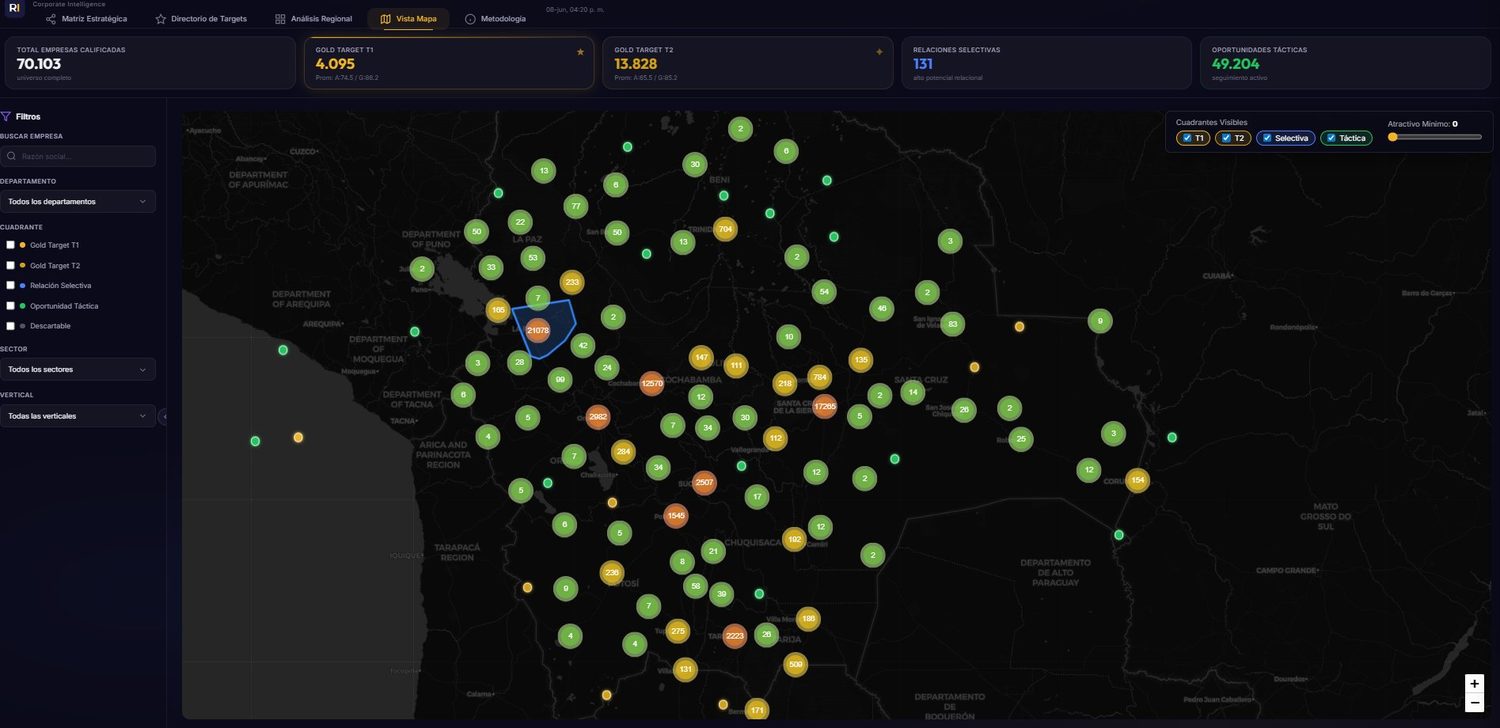 Vista de mapa con distribución geográfica de empresas por cuadrante